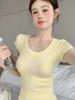 Summer U-neck Short Front Shoulder Short-sleeved T-shirt Women's Multi-color Thin Showing Collarbone Niche Versatile Solid Color Top Fashion