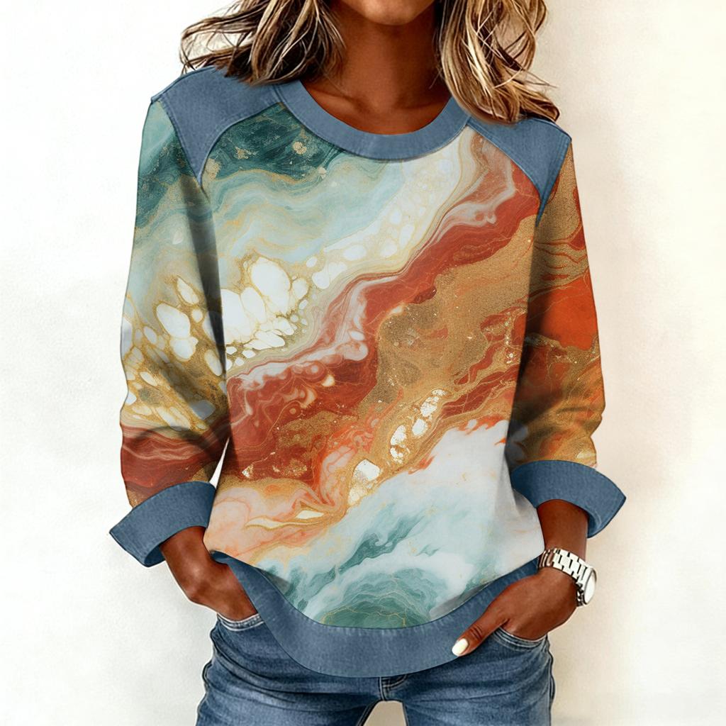 Damen Jeanskragen Patchwork Nähte Sweatshirt Lässig Pullover Langarmshirts