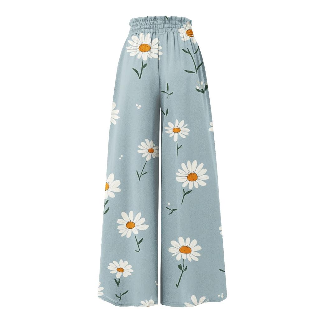 Women's Palazzo Pants Boho Floral Wide Leg Trousers Summer Beach High Waisted Flowy Pants With Pockets