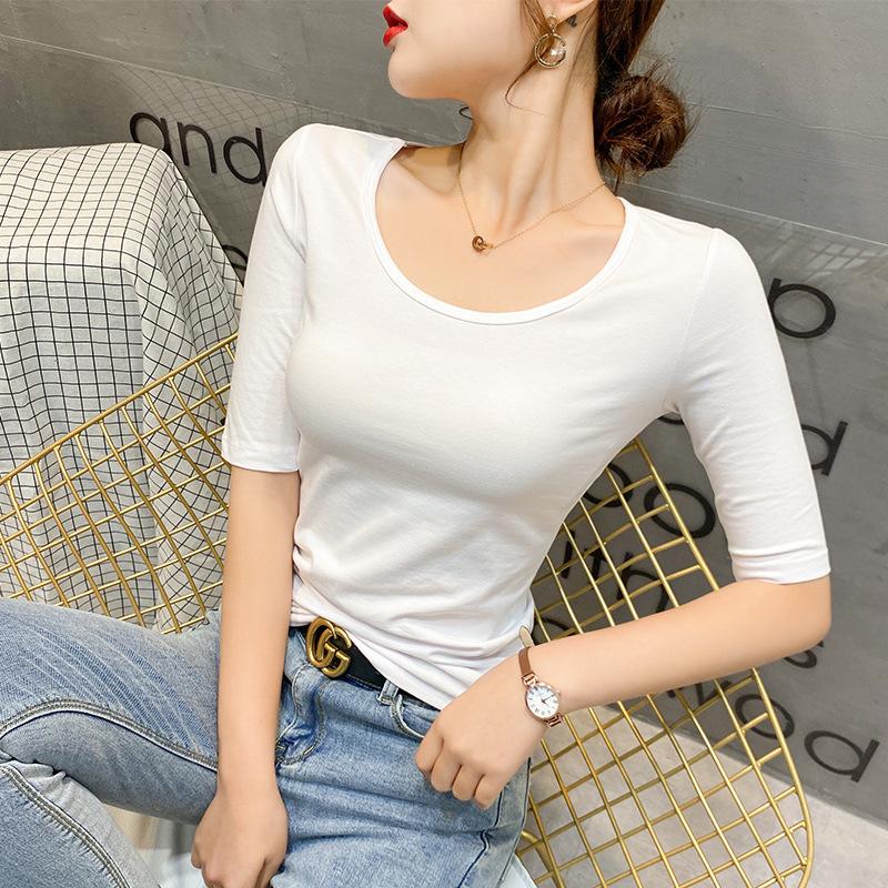 Weißes Rundhals-Midarm-Top für Damen mit vielseitigem Baumwoll-T-Shirt für Frühling und Sommer, schlanken Fünf-Punkt-Ärmeln und modischem Basic-Shirt