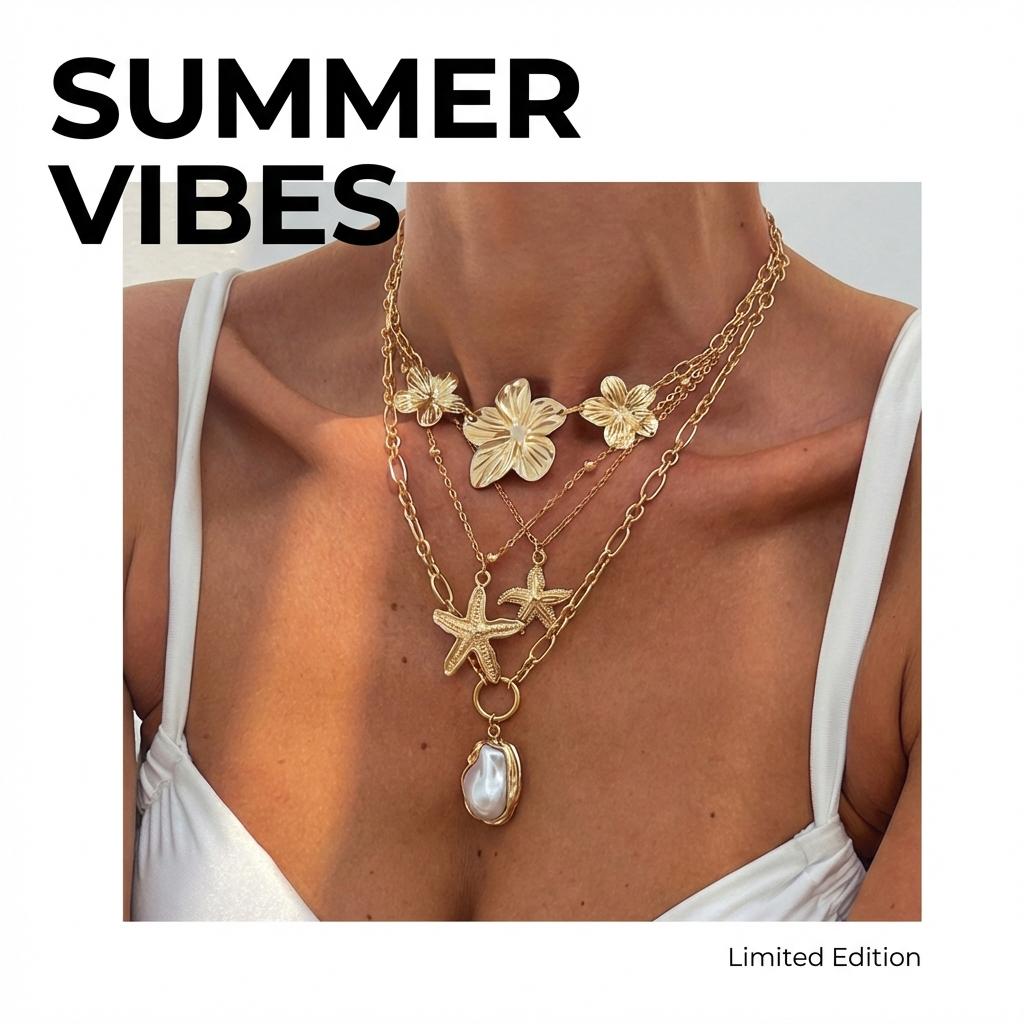 Bohemian Multilayer Flower Starfish Necklace for Women Baroque Imitation Pearl Pendant Choker Summer Beach Vacation Jewelry Gift