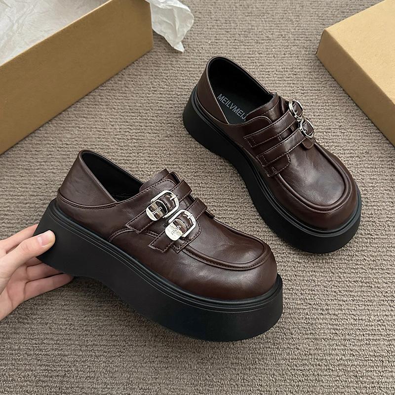 British Style Muffin Platform Shoes Women's 2025 Autumn New One-pedal Loafer Single Shoes Retro with Skirt Small Leather Shoes
