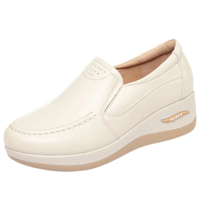 4.5cm Breathable Fashion Soft Leather Loafers Women's Platform Pumps 2025 Fall Med Heels Wedges Shoes for Office Mom Work Casual
