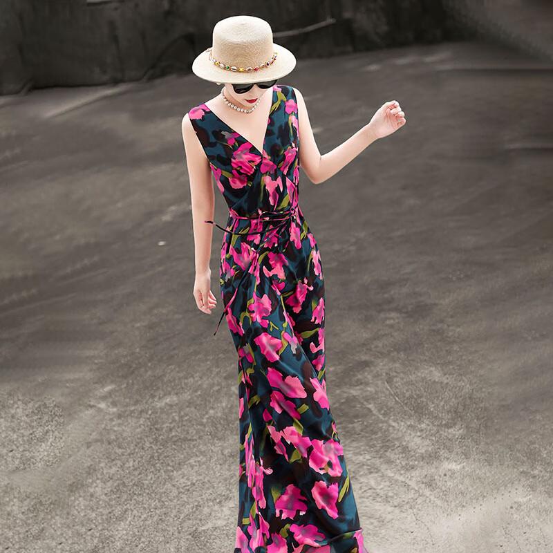 Lanseer 2026 Summer French Chic V-Neck Printed Maxi Dress XXL