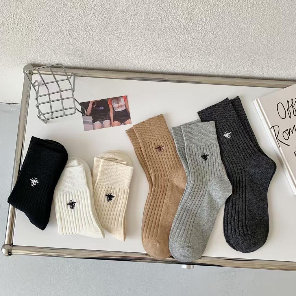Embroidered Bee Socks Mid-Tube Socks Catwalk The Same Trendy Solid Color Cotton Socks Vertical Striped Double Needle Socks