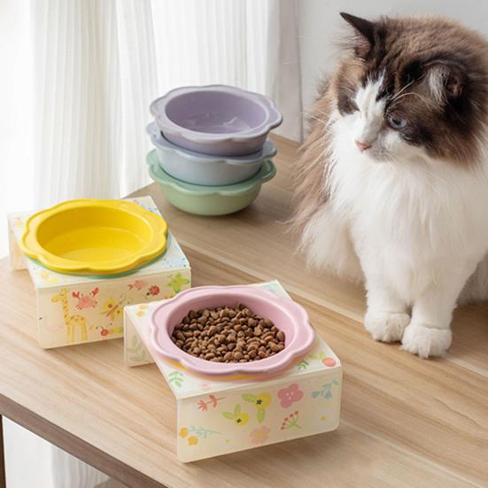 Baizihuahu Pet Ceramic Bowl with Flower Lace, Stable Base Acrylic Stand, Anti-Tip Design Dish for Cats And Dogs Food Water