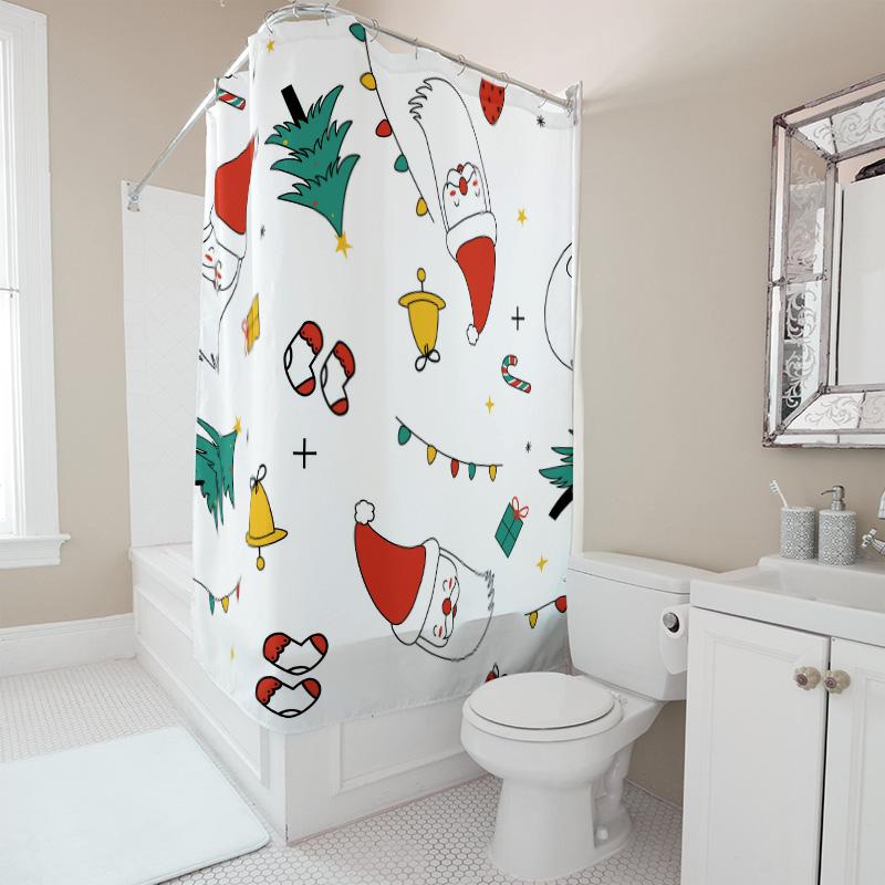 TU Christmas Shower Curtain Festive Holiday Waterproof Bathroom Decor Farmhouse Merry Xmas Pattern Fabric Backdrop Festive Home