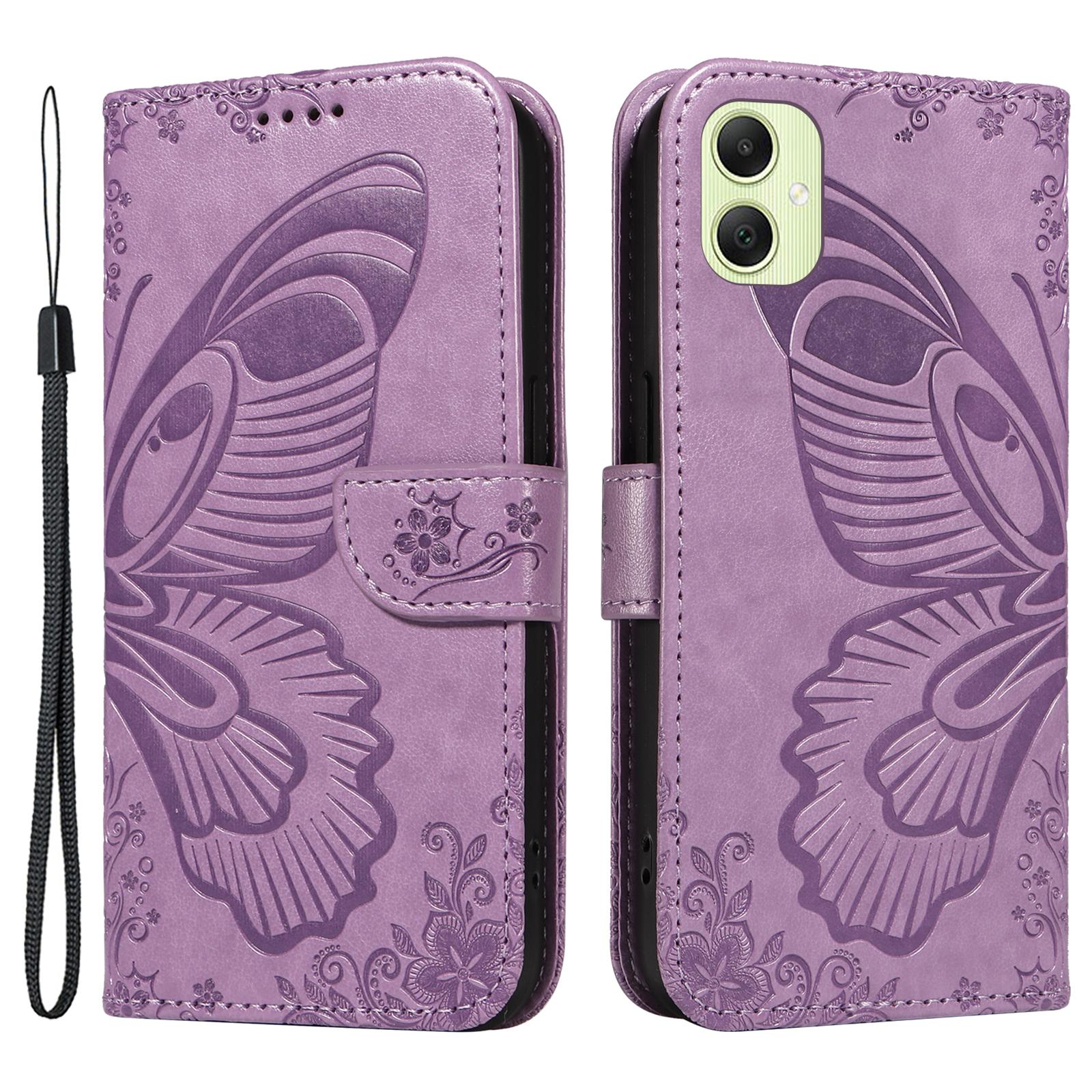 

For Samsung Galaxy A05 4G Case Butterfly Leather Wallet Phone Cover with Hand Strap Light Purple