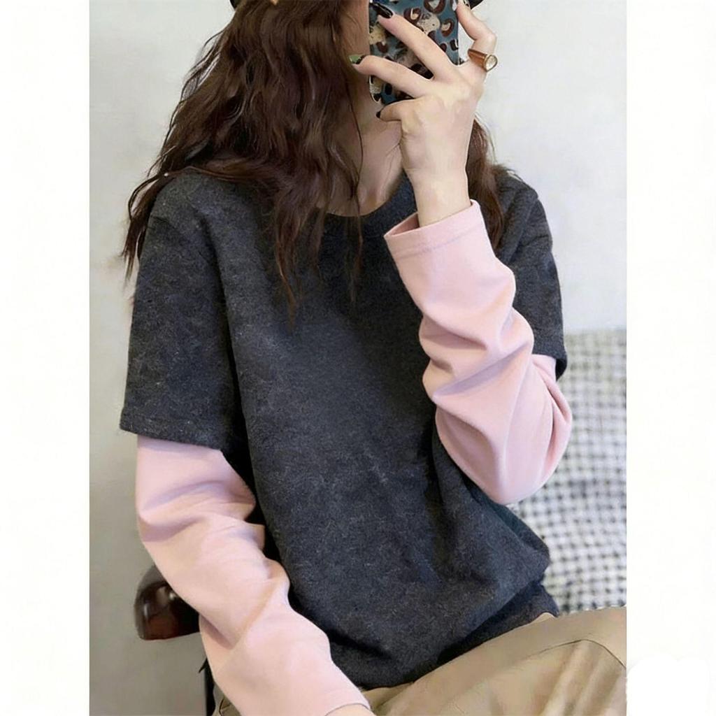 Women's Color Block Patchwork Fleece Long Sleeve T-Shirt - Spring, Autumn, Winter Versatile Slimming Base Layer Top