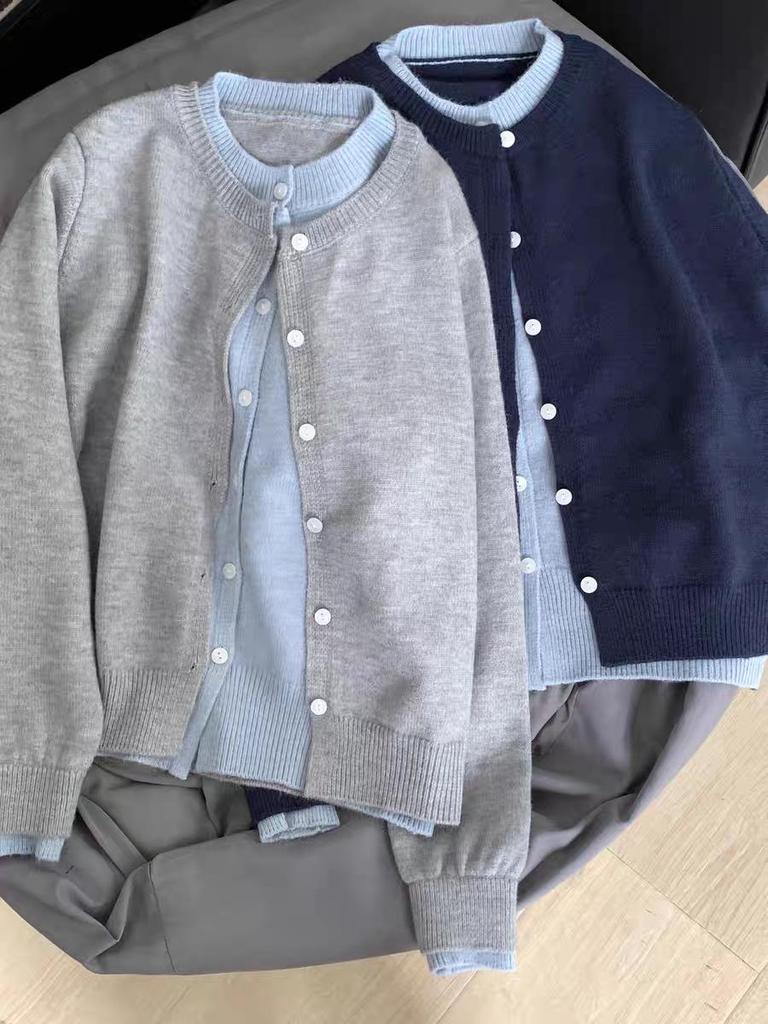 Korean Style Grey Knit Color Block Cardigan Jacket - Women's Lazy Autumn Chic Two-Piece Sweater Top