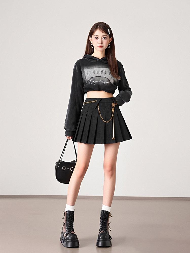 2025 Slimming Woolen Pleated Half Skirt with Waist Chain