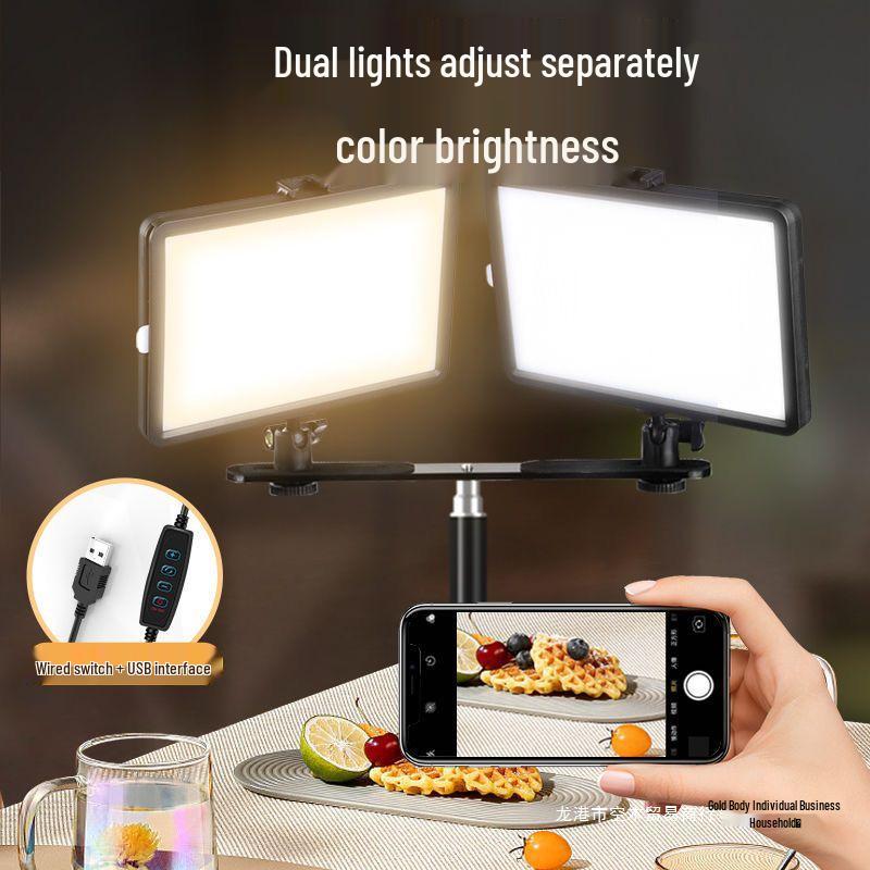 Dual Light No-Shadow Phone Stand: Live Stream Selfie Fill Light for Desktop & Professional Food Photography.