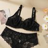 Women's Hollow Non-Padded Underwire Bra Sets 2PCS Sexy Ultra-Thin Lace Push Up Bra Panty Set for Women