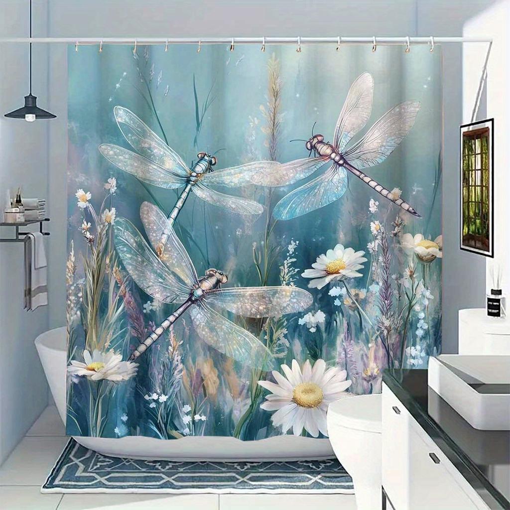 1pc Elegant Dragonfly & Daisy Shower Curtain - Forest Theme, Waterproof Polyester, 12 Hooks, Machine Washable, All-Season Use