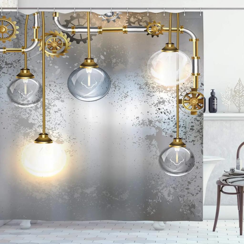 Retro Steampunk Clocks and Gears Shower Curtain Mechanical Clocks Details Over Old Metal Cloth Fabric Bathroom Curtain Set,hooks