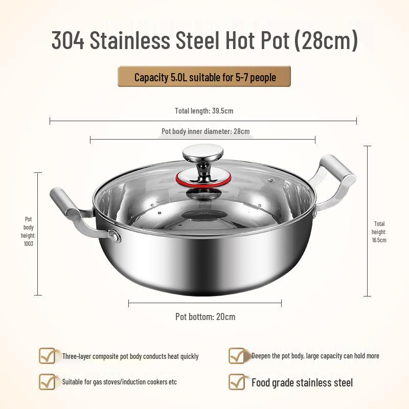 304 Food-Grade Stainless Steel Triple-Layer Stockpot for Induction Cookers - Perfect for Clear Soups and Universal Boiling, Uncoated.
