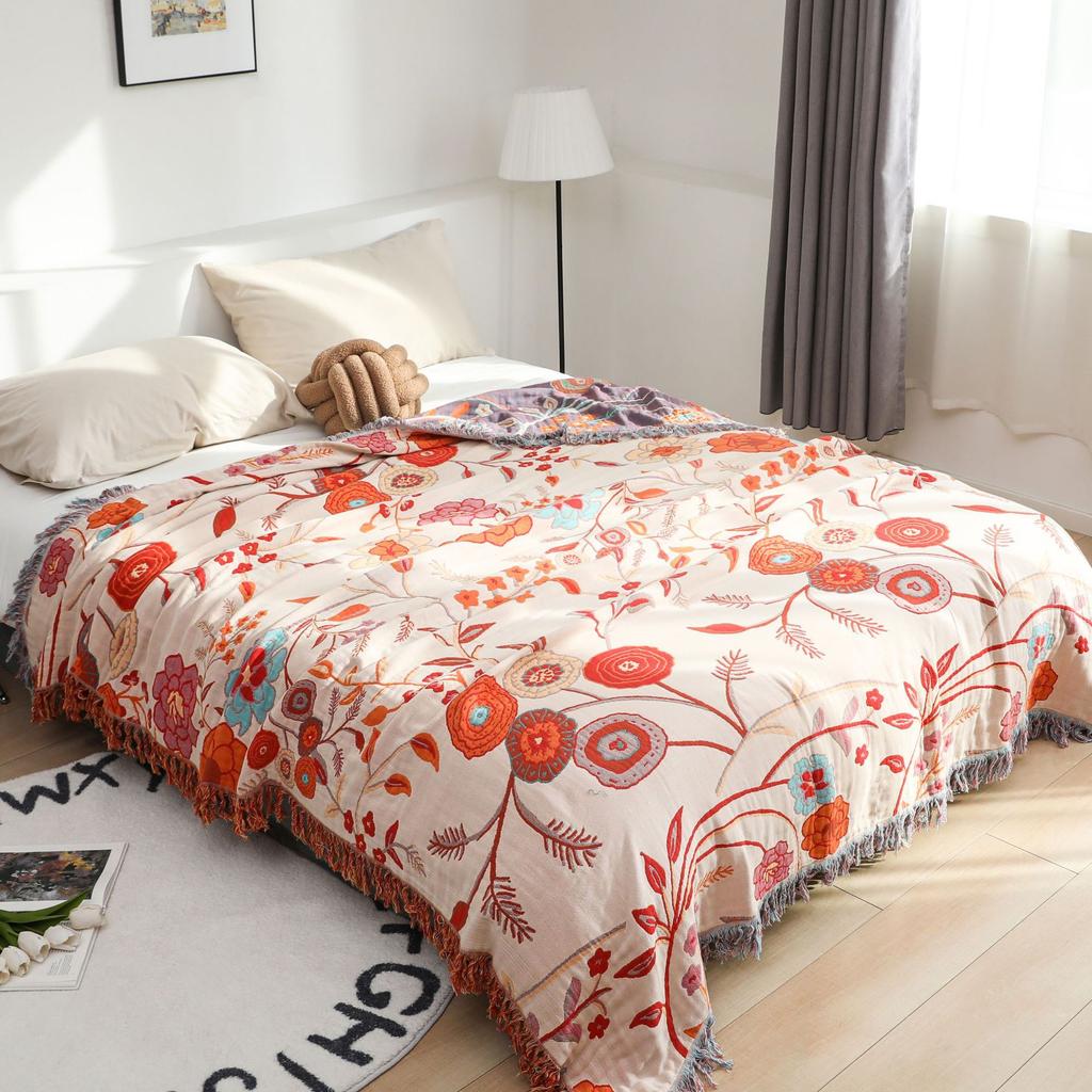 Floral Gauze Cotton Towel Blanket, Sofa Towel With Tassel, Bedspread, 150*200 Cm, 200*230 Cm, Delicate