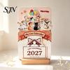 Monthly Planner For 2027 Flower Desk Calendar, English Tabletop Calendar with Wooden Base, Floral & Cat Decorative for Office Home Desktop Cute