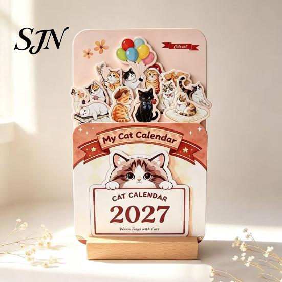 Monthly Planner For 2027 Flower Desk Calendar, English Tabletop Calendar with Wooden Base, Floral & Cat Decorative for Office Home Desktop Cute