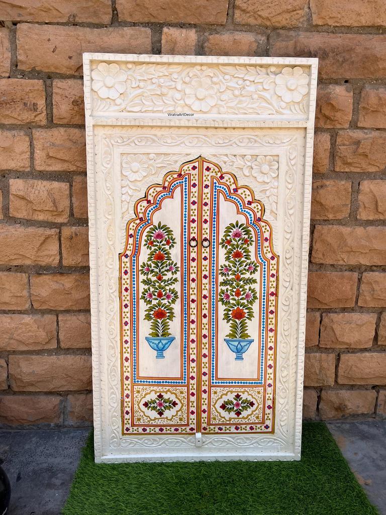 Hand-Painted Floral Wooden Wall Panel Indian Carved Faux Window Frame | Wall Style Jharokha Wall Art - 130 x 70 cm-Bedroom Decor Door Window