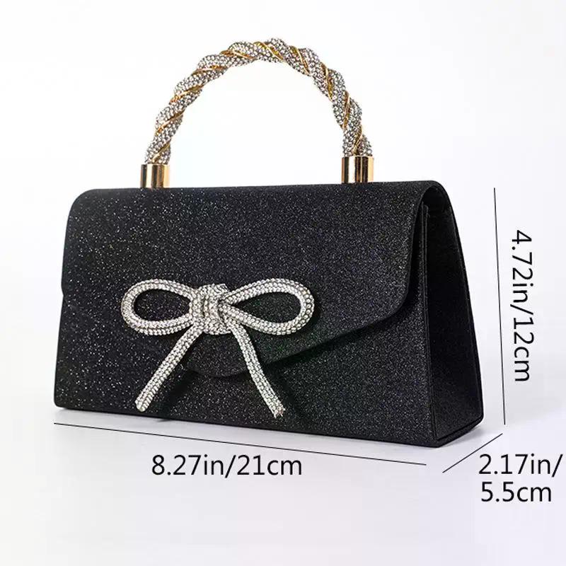 Women's Glitter Gold Silver Black Chain Crossbody Bag; Luxurious Rhineste Bow Evening Handbag and Clutch