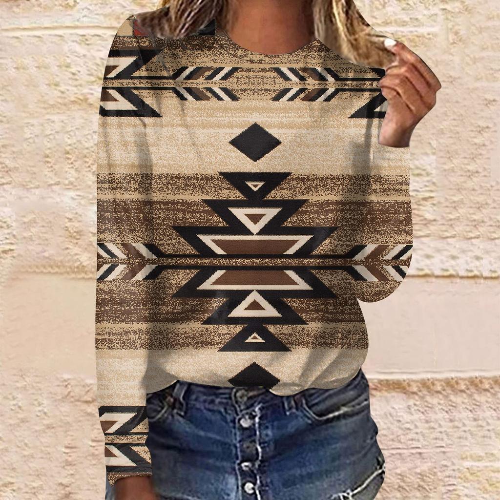 Women's Casual Fashion Ethnic Print Long Sleeve O-Neck Pullover Top