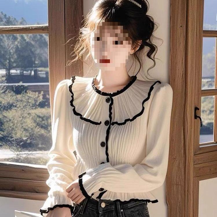 Damen Bluse im französischen Stil mit Rüschen und langen Ärmeln – Vielseitig für Frühling & Herbst