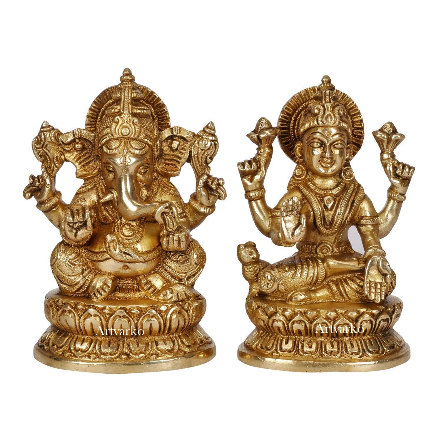 Идол Лакшми и Ганеши из чистой латуни, сидящих на лотосе, Статуя Бога и Богини, Золотой