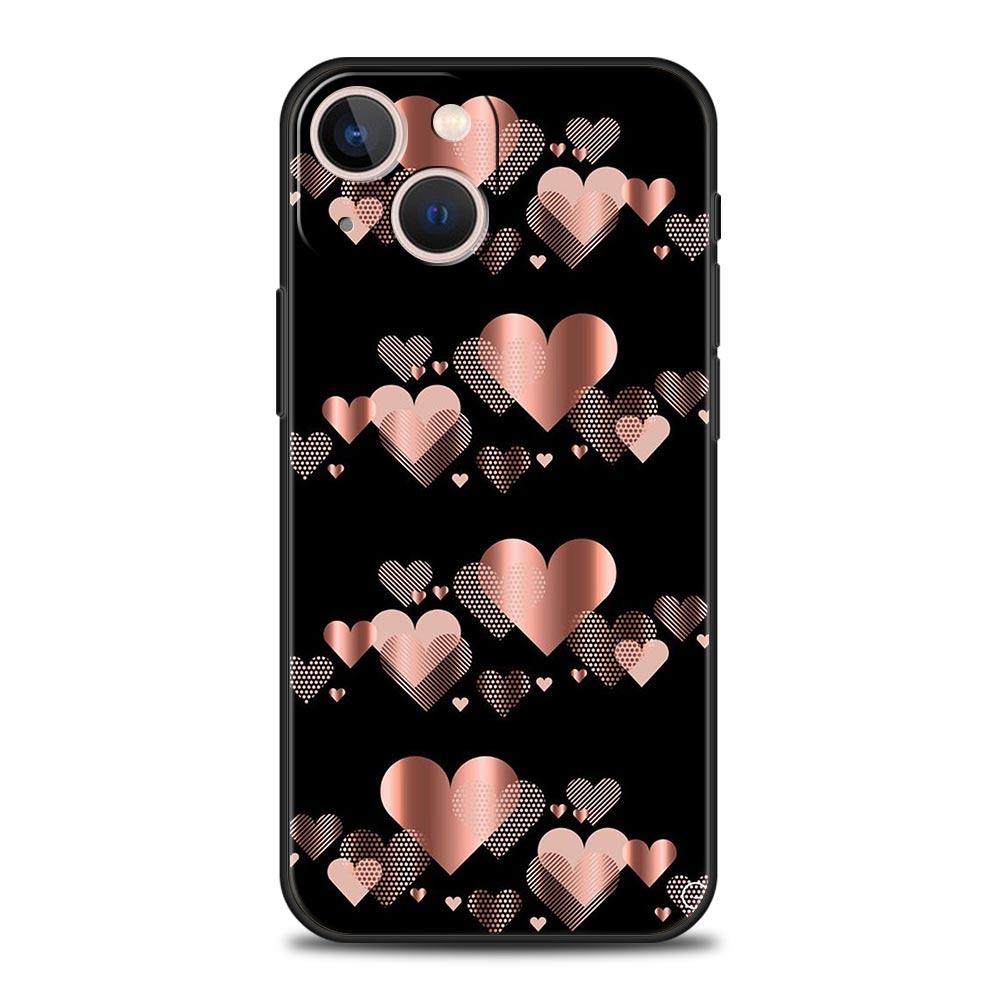 Gold Rose Love Heart Phone Case For iPhone 17 16 15 Pro Max 11 12 13 14 7 8 Plus SE 2020 X XR XS Cover Soft Black