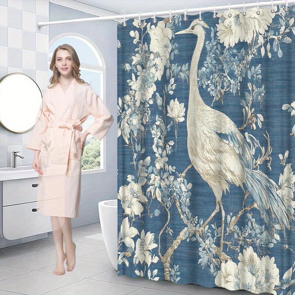 Annier White Serene Heron Bath Curtain – Navy Floral, Bird On Branch, Watercolor Print, Waterproof Poly, 70×70 12 Hooks