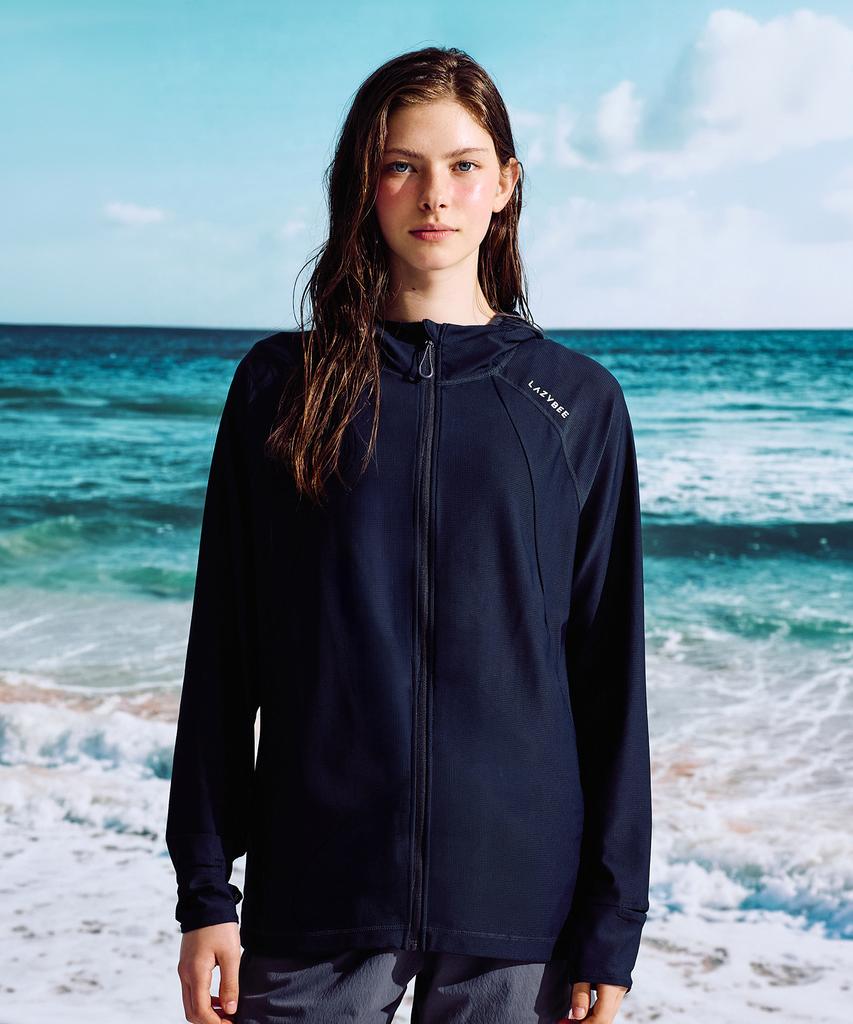 Leijibi Tech Flow Hydro Performance Loose Fit Hooded Zip-Up Rash Guard M Black