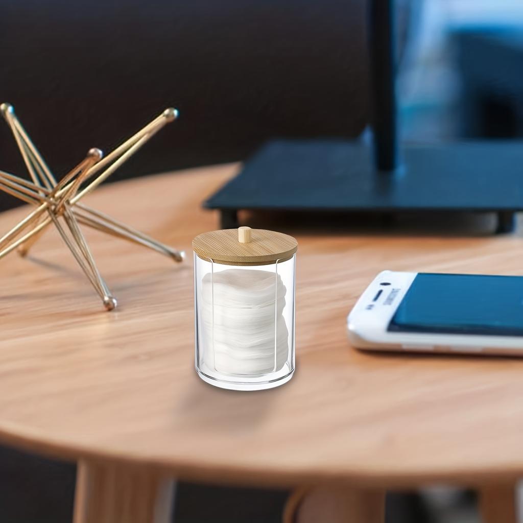 1pcs Cotton Round Pad Dispenser With Bamboo Lid, Small Clear Acrylic Containers For Cotton Swab/ball, Transparent Jars For Bathroom Vanity