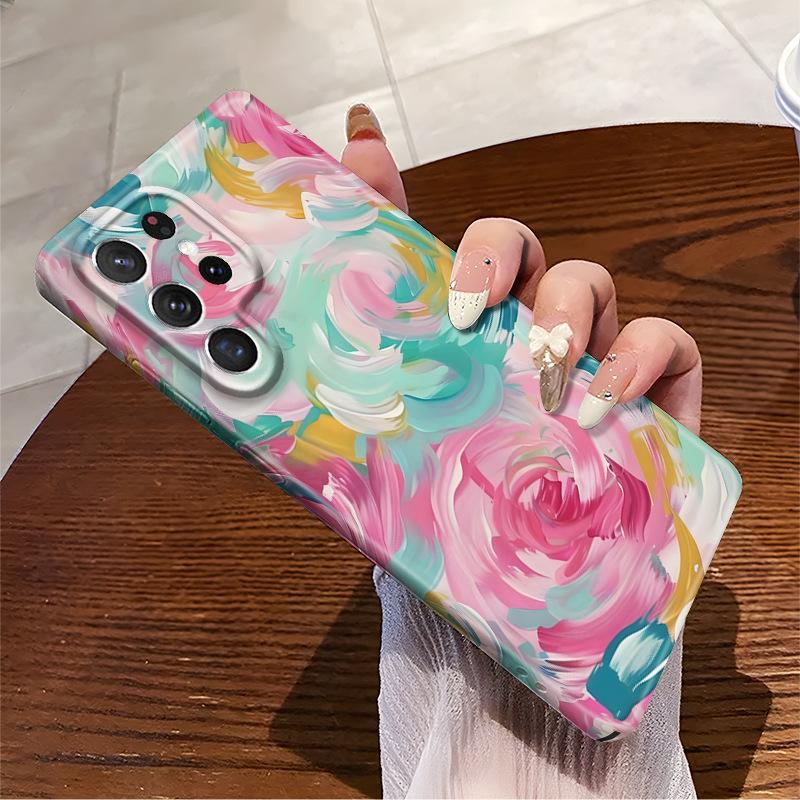 Pink Watercolor Style Literary and Artistic Application Samsung S24 + Mobile Phone Case S22ultra Heat Transfer Ultra-thin Fine Hole Film Case