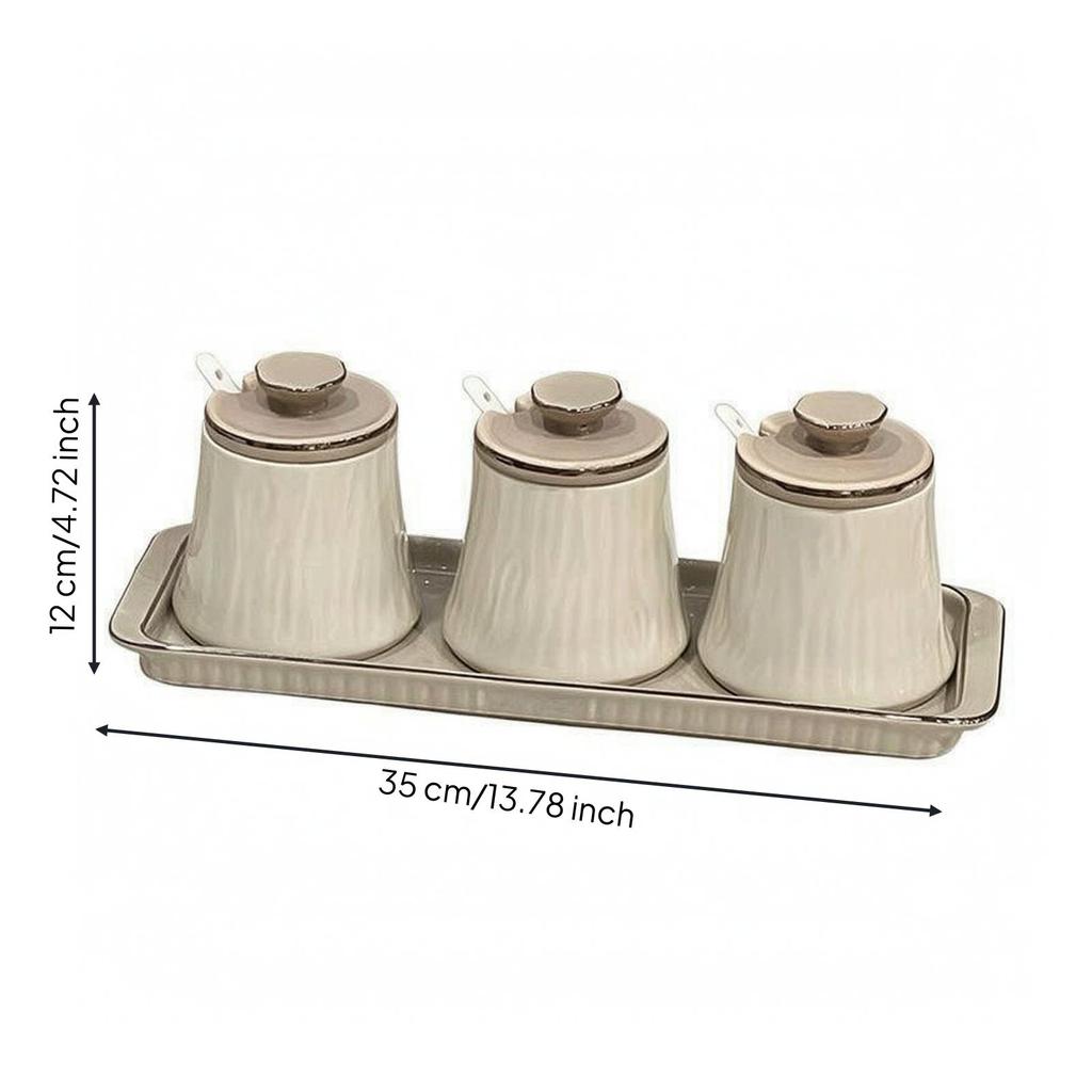 3 Pieces Ceramic Seasoning Jar with Lid Countertop Condiment Organizer Tray