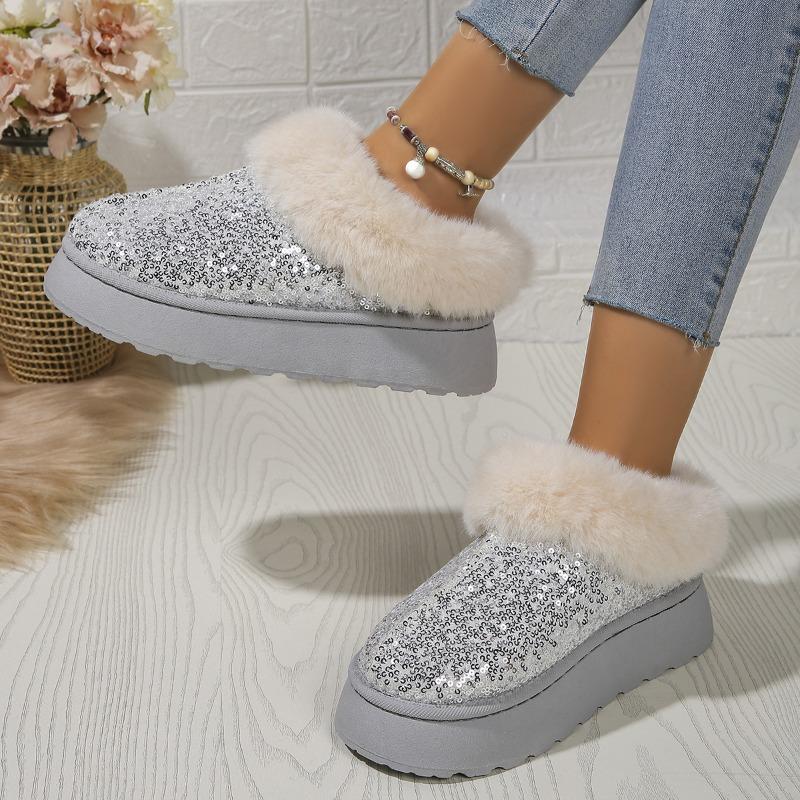 Women's Plus Size New Autumn Winter Chunky Sole Thickened Furry Snow Boots Sequin Upper