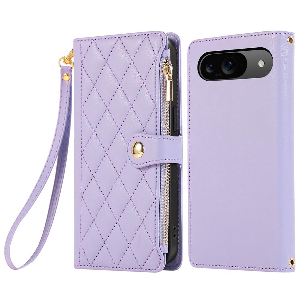 For Google Pixel 9/9 Pro Case Multi Card Slots Zipper Rhombus Leather Phone Cover with Wrist Strap