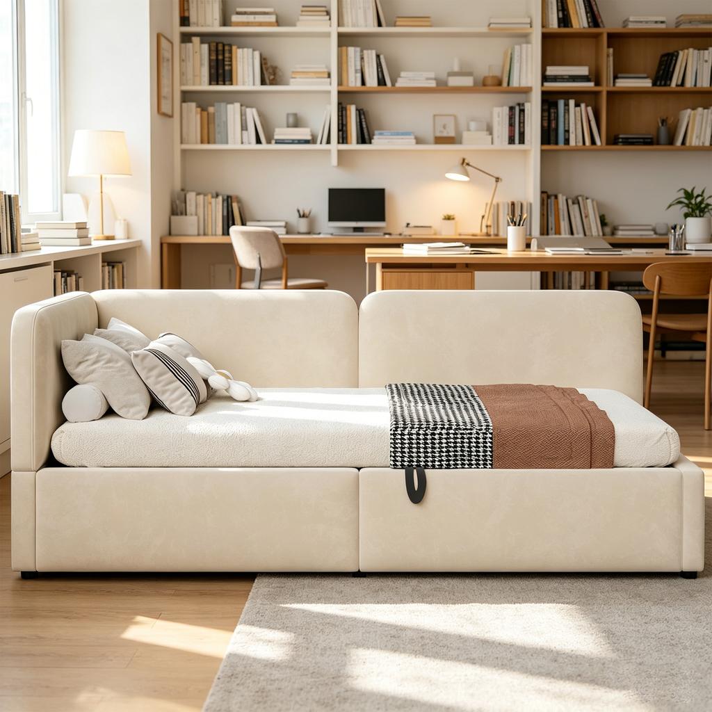 Letto imbottito 90x200 divano letto, velluto, contenitore idraulico, testiera alta, schienale intercambiabile, adatto per bambini e adulti, beige