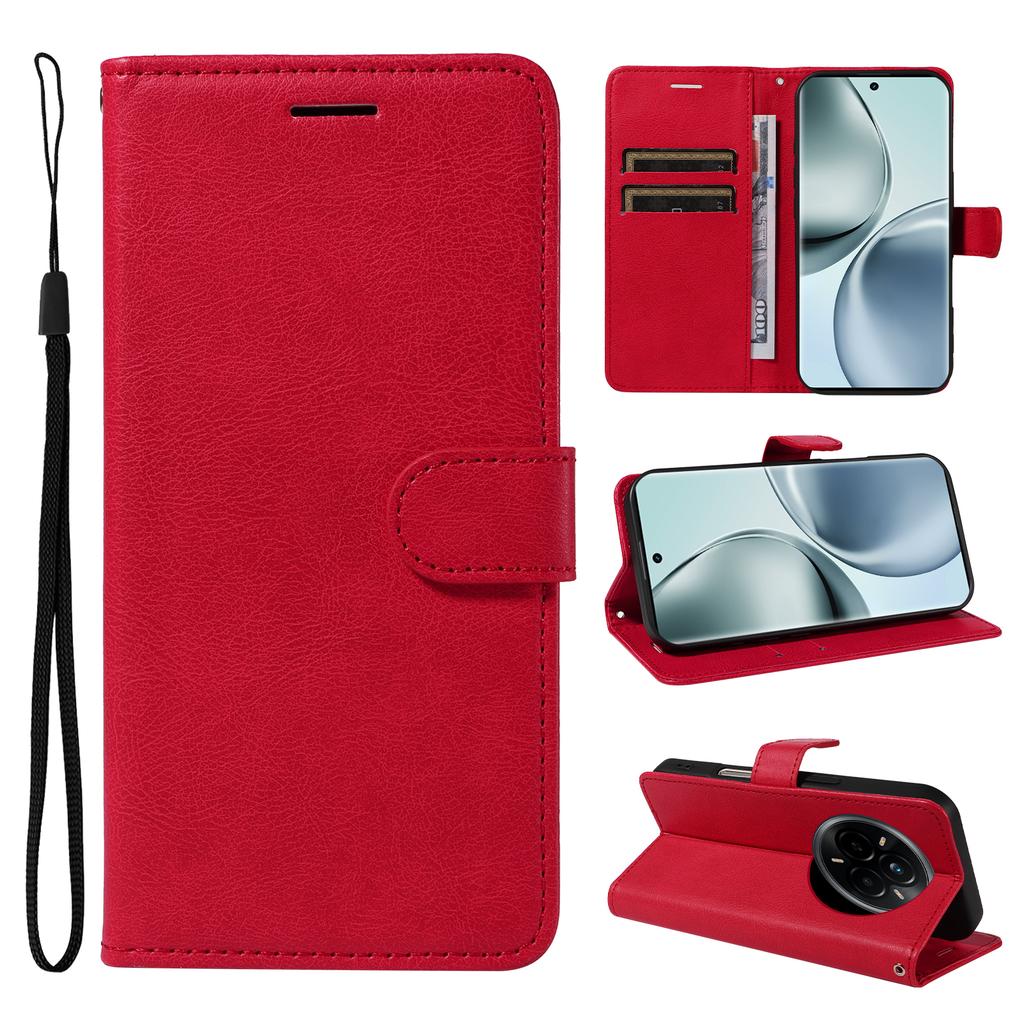 For Realme 14 Pro 5G Leather Wallet Case with Strap Solid Color Phone Stand Cover