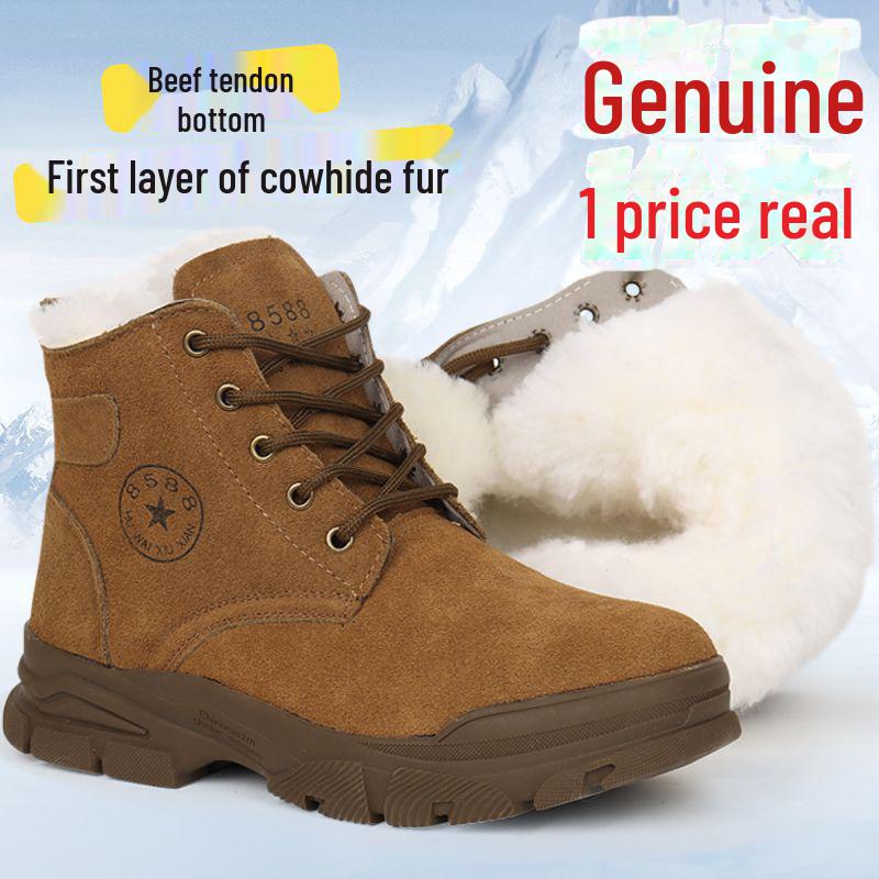 Men's Thick Fur-Lined Cowhide Winter Snow Boots with Steel Toe