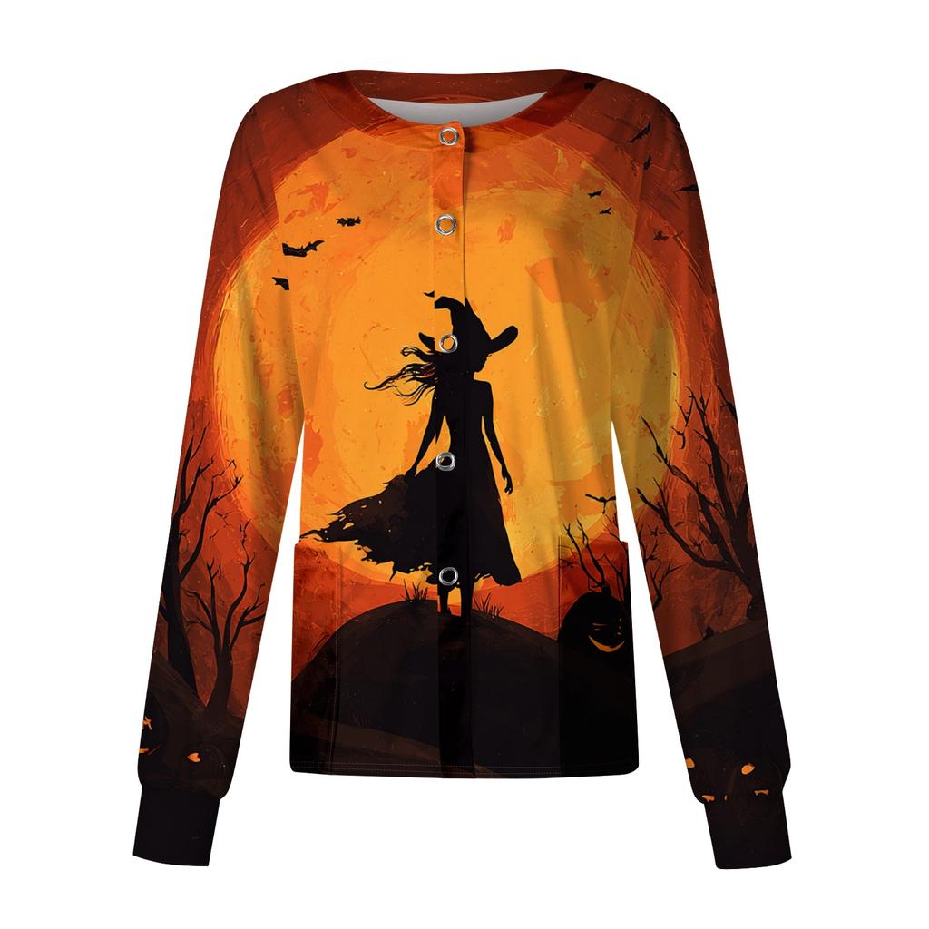 Women's Casual Long Sleeve Single-Breasted Cardigan with Halloween Print for Caregiver Costume
