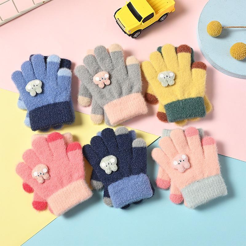 Small round bear cartoon infant warm gloves children's full-finger children's boy treasure female treasure five-finger gloves cold and warm