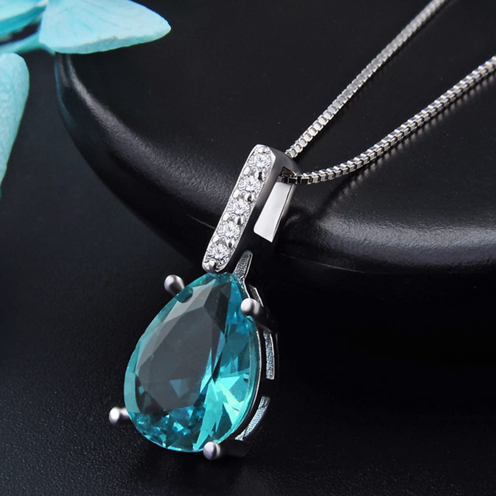 Necklace Silver Blue Drop Necklace Zirconia Large Opal Water Drop Pendant Venetian Chain 925 Silver Birthday Girlfriend Present Accessory [Rockyu]