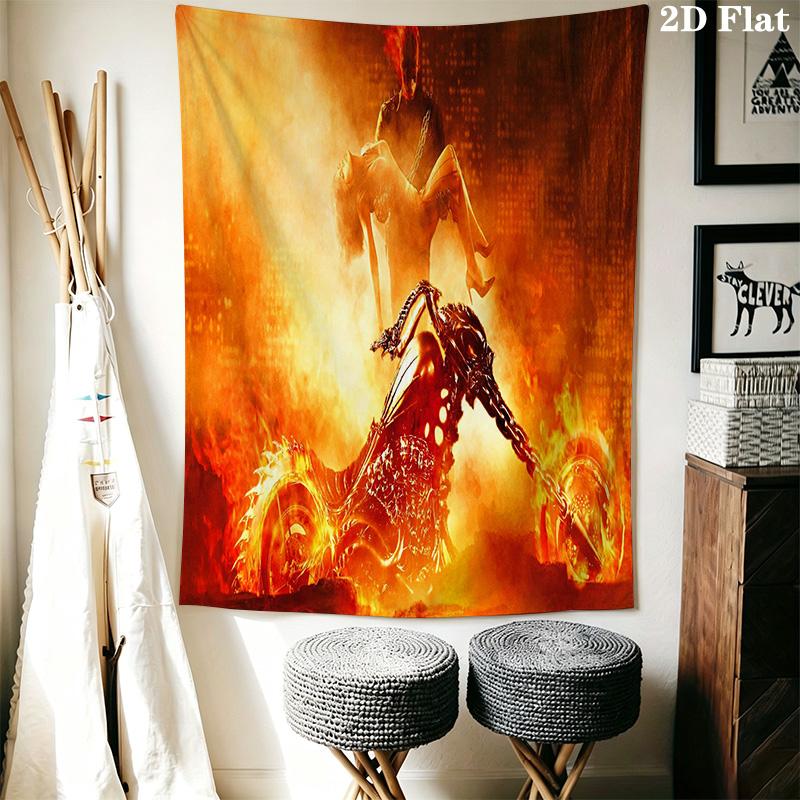 Ghost Rider Skull Flame Bike Tapestry Background Cloth Wallmounted Work Of Art Background Cloth Atmospheric Background Cloth