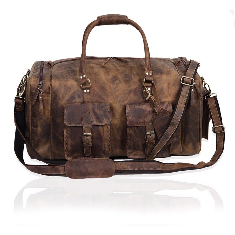 Duffelbag i skinn, weekender i skinn, helgeveske i skinn, reiseveske i skinn, overnattingsveske i skinn, duffelbager for menn til ektemann, pappa, holdall i skinn