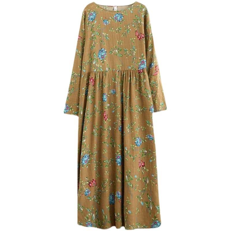 New Literary Plus Size Printed Long Sleeve Ethnic Style Dresses