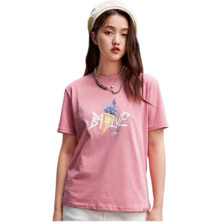 Li Ning Badfive Sports Basketball Series Printed Loose Round Neck Short Sleeve T-Shirt Women Tops Pink AHSR128-3