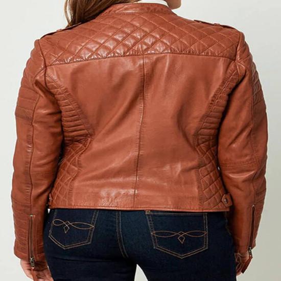 NOORA Women's Brick Tan Colour Jacket Cross Quilted Leather Jacket With Pocket & Multi Zip Biker Jacket