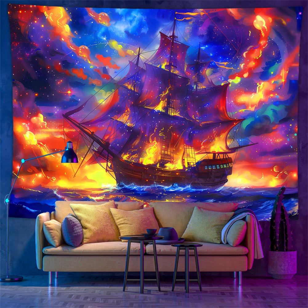 UV Reactive Blacklight Tapestry Fantasy Pirate Ship 2D Flat Printed Colorful Nebula Galaxy Starry Sky Wall Hanging Peach Skin