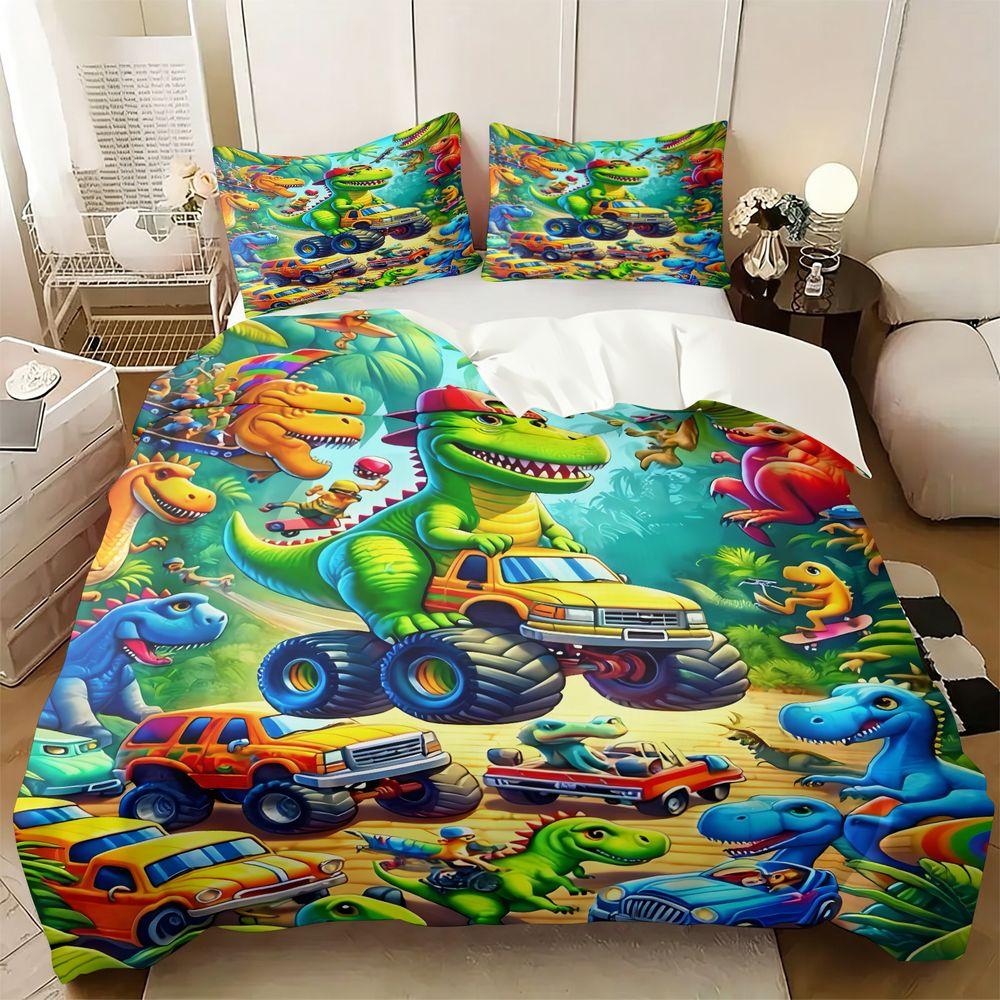 2/3Pcs Dinosaur Monster Truck Duvet Cover Set(1 Duvet Cover & 1/2 Pillowcase) Soft Kids Bedding Set Ideal Bedroom Decor Gift