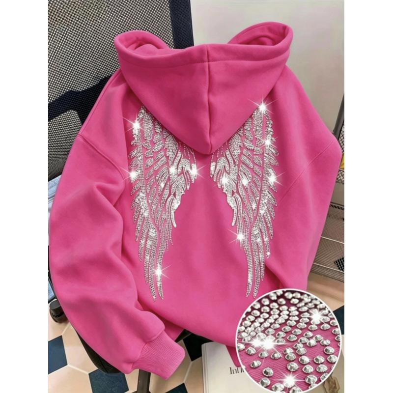 Strassflügel Locker Langarm Pullover Kapuzenpullover Für Damen 3XL rose rot